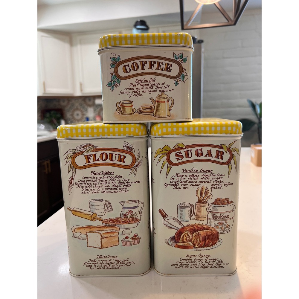 Vintage 1970s Cheinco Harvest Metal Canister Set Yellow Gingham Lids 3 Piece